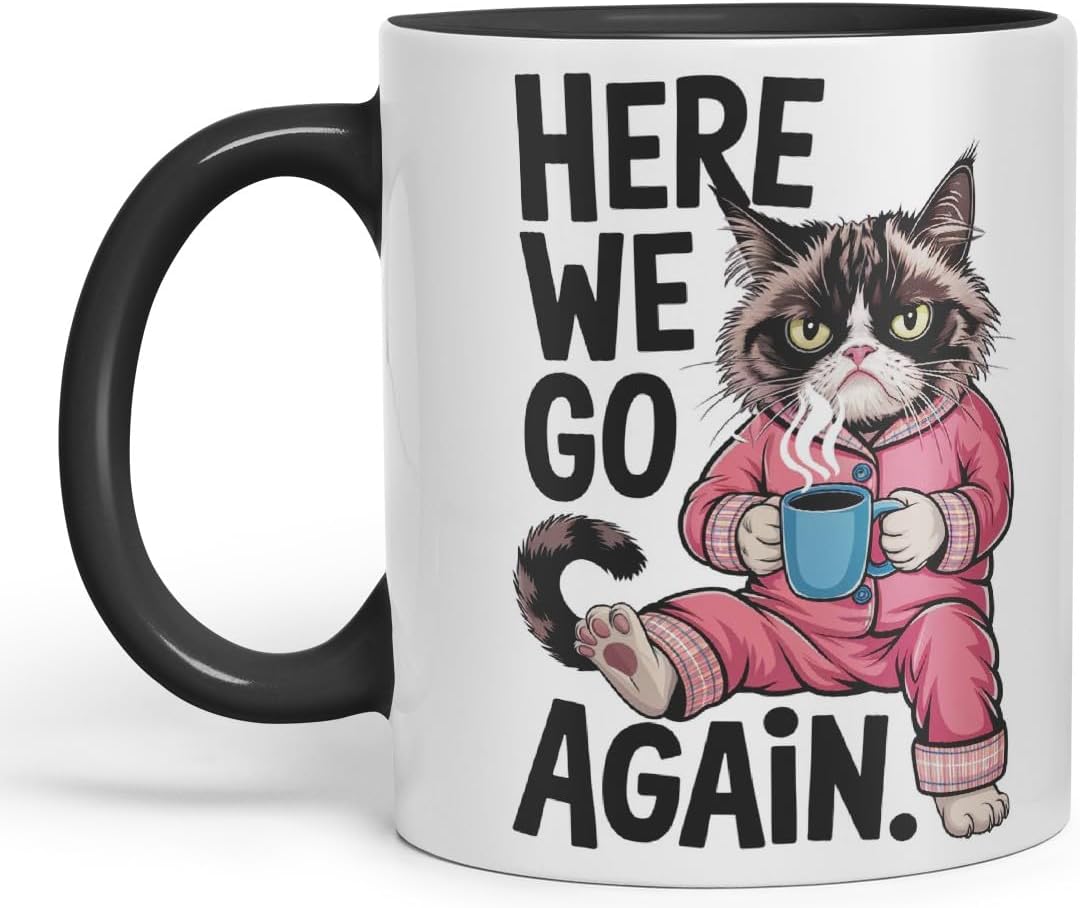 Vixar Here We Go Again Grumpy Cat Mug – Coloured Ceramic Mug Cup Gift, 11oz (Black)