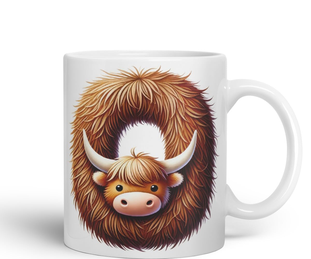 Highland Cow Alphabet Monogram Coloured Ceramic Cup Mug Letter O Rustic Farmhouse Animal Letter Gift V2 11oz (Black)