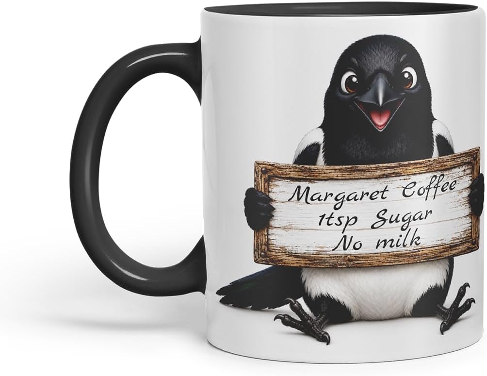 Vixar Personalised Magpie Mug with Name or Custom Message – Cute Animal Coloured Ceramic Mug Cup Gift, 11oz (Black)