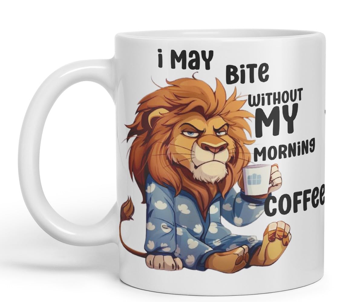 Vixar I May Bite Without My Morning Coffee Sarcastic Lion Coloured Ceramic Mug Cup Gift 11oz (Black)