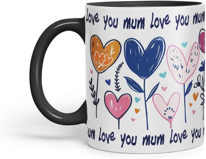 Vixar Love You Mum Floral Hearts Mug – Coloured Ceramic Mug Cup Gift, 11oz (Black)