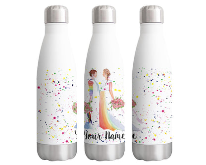 Wedding Mrs and Mrs Personalised Custom Bottle with Your Text/Name Watercolour Art Pride Lesbian Bottle Double Wall Insulated Stainless Steel Sport Drinks 500ml