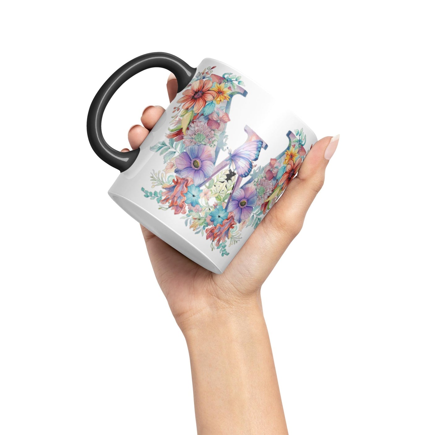 Letter W mug, Floral flowers butterfly Alphabet Letter W Monogram watercolour Ceramic Coloured Mug Cup for Tea Coffee Hot brew 330ml 11Oz