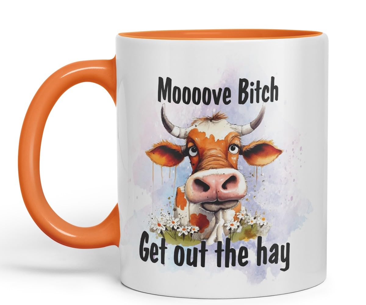 Vixar Moooove Bit.. Get Out The Hay Cow Joke Coloured Ceramic Mug Cup Gift, 11oz (Black)