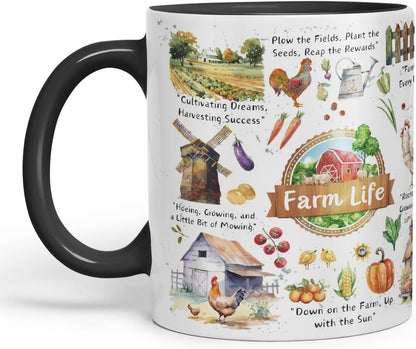 Vixar Down on The Farm Up with The Sun – Farm Life Coloured Mug Cup 11oz (Black)