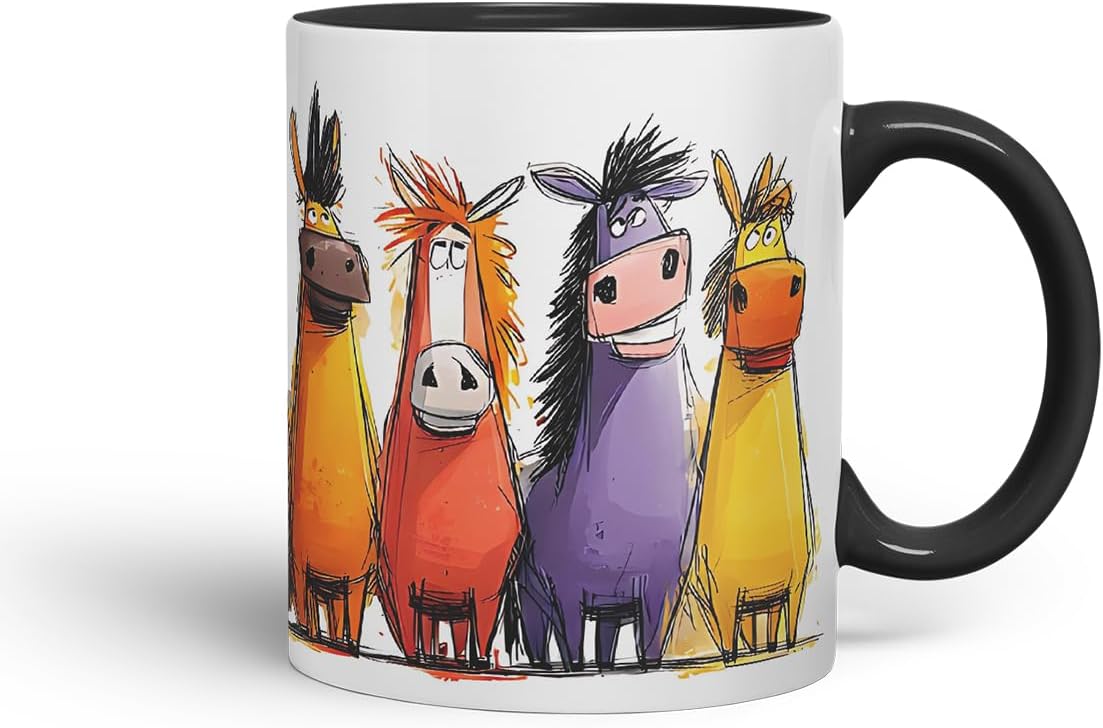 Vixar Funny Colourful Horse Equestrian Friends Design – Cute Animal Character Mug for Farm Animals Lovers & Riders, Coloured Mug Cup Gift, 11oz (Black)