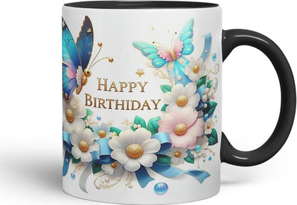Vixar Happy Birthday Pearl Accents Butterflies Coloured Ceramic Mug Cup Gift 11oz V7 (Black)