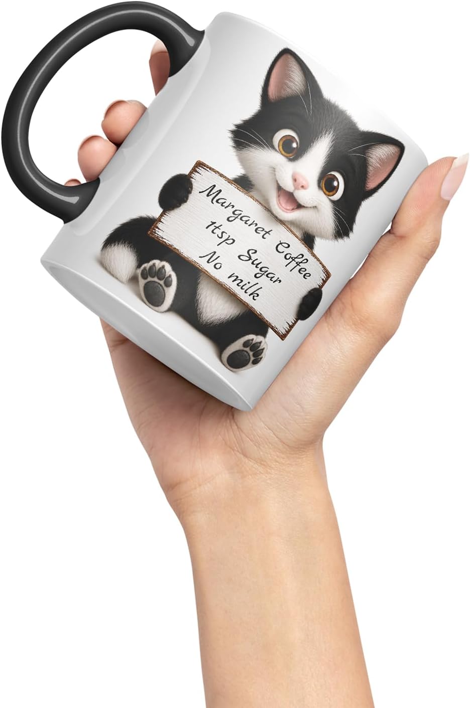 Vixar Personalised Black and White Cat Mug with Name or Custom Message – Cute Animal Coloured Ceramic Mug Cup Gift, 11oz (Black)