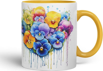 Vixar Pansy Cottage Garden Mug Coloured Ceramic Mug Cup Gift, 11oz (Gold Yellow)