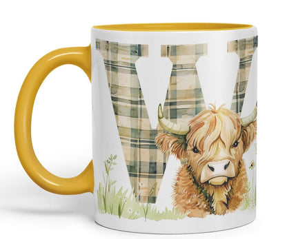 Vixar Highland Cow Alphabet Monogram Coloured Ceramic Cup Mug – Letter W – Rustic Farmhouse Animal Letter Gift – 11oz (Black)