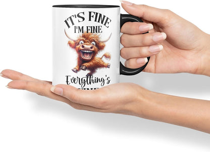 Vixar It's Fine I'm Fine Everything is ..., Highland Cow Scottish Joke Sarcastic Ceramic Coloured Mug Cup 330ml 11Oz FHC2(Black)