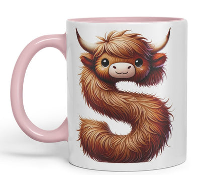 Highland Cow Alphabet Monogram Coloured Ceramic Cup Mug Letter S Rustic Farmhouse Animal Letter Gift V2 11oz (Black)