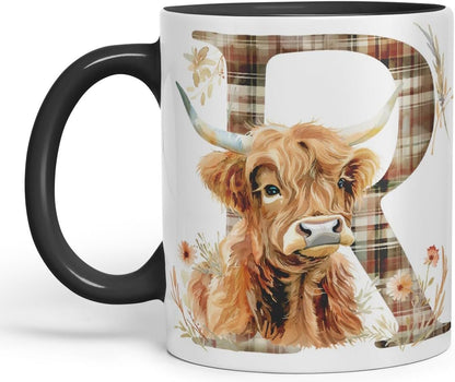 Vixar Highland Cow Alphabet Monogram Coloured Ceramic Cup Mug – Letter R – Rustic Farmhouse Animal Letter Gift – 11oz (Black)