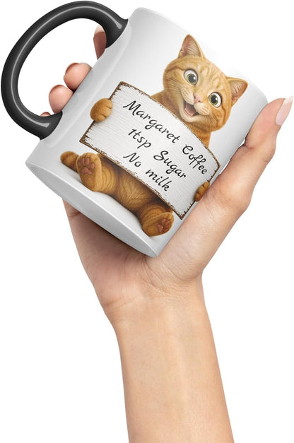 Vixar Personalised Ginger Cat Mug with Name or Custom Message – Cute Animal Coloured Ceramic Mug Cup Gift, 11oz (Black)