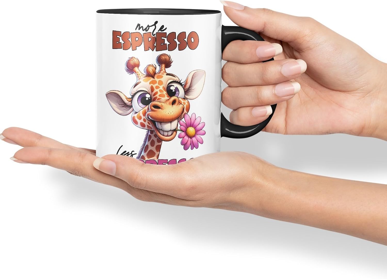 Vixar More Espresso, Less Depresso Sarcastic Giraffe Mug, Coloured Ceramic Cup 11oz (Black)