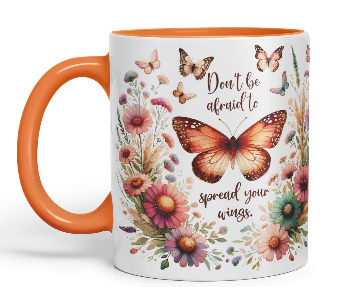 Vixar Don’t Be Afraid to Spread Your Wings Butterfly Coloured Mug Cup Floral Nature Inspirational Gift 11oz (Black)
