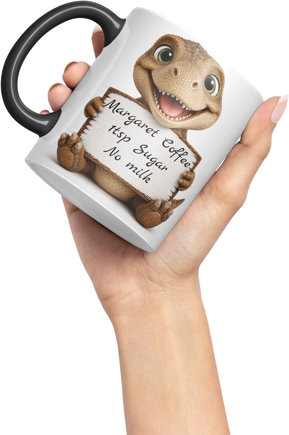 Vixar Personalised T Rex Dinosaur Mug with Name or Custom Message – Cute Animal Coloured Ceramic Mug Cup Gift, 11oz (Black)
