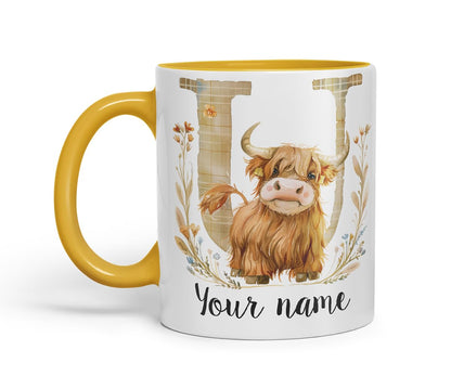 Vixar Personalised Highland Cow Initial Letter U Custom Name Mug – Coloured Ceramic Mug Cup Gift, 11oz (Black)