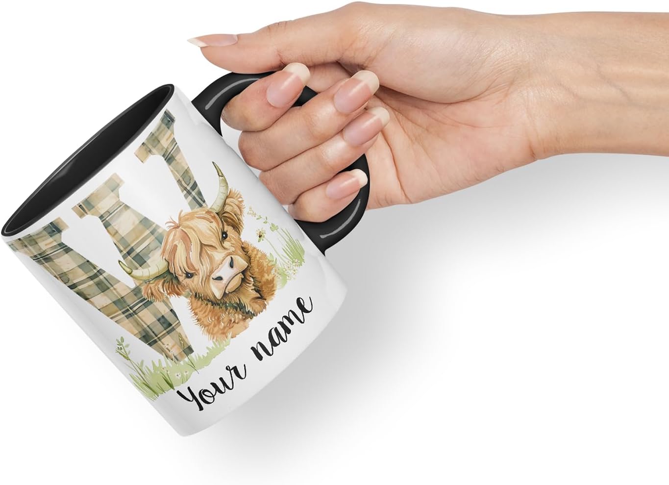 Vixar Personalised Highland Cow Initial Letter W Custom Name Mug – Coloured Ceramic Mug Cup Gift, 11oz (Black)