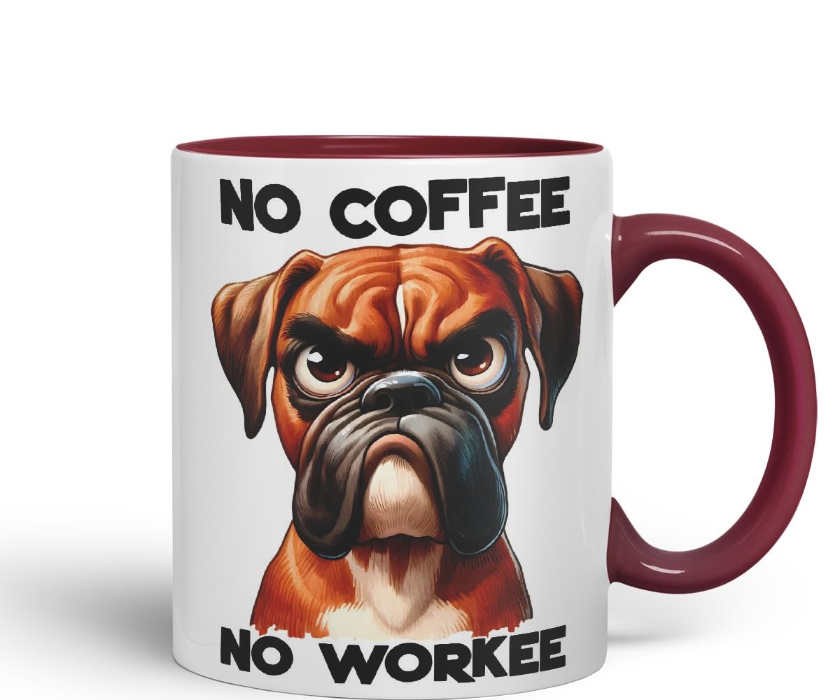 Vixar No Coffee No Workee Sarcastic Boxer Dog Mug, Coloured Ceramic Cup 11oz (Black)