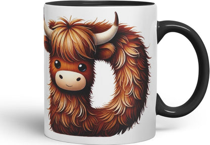 Highland Cow Alphabet Monogram Coloured Ceramic Cup Mug Letter D Rustic Farmhouse Animal Letter Gift V2 11oz (Black)