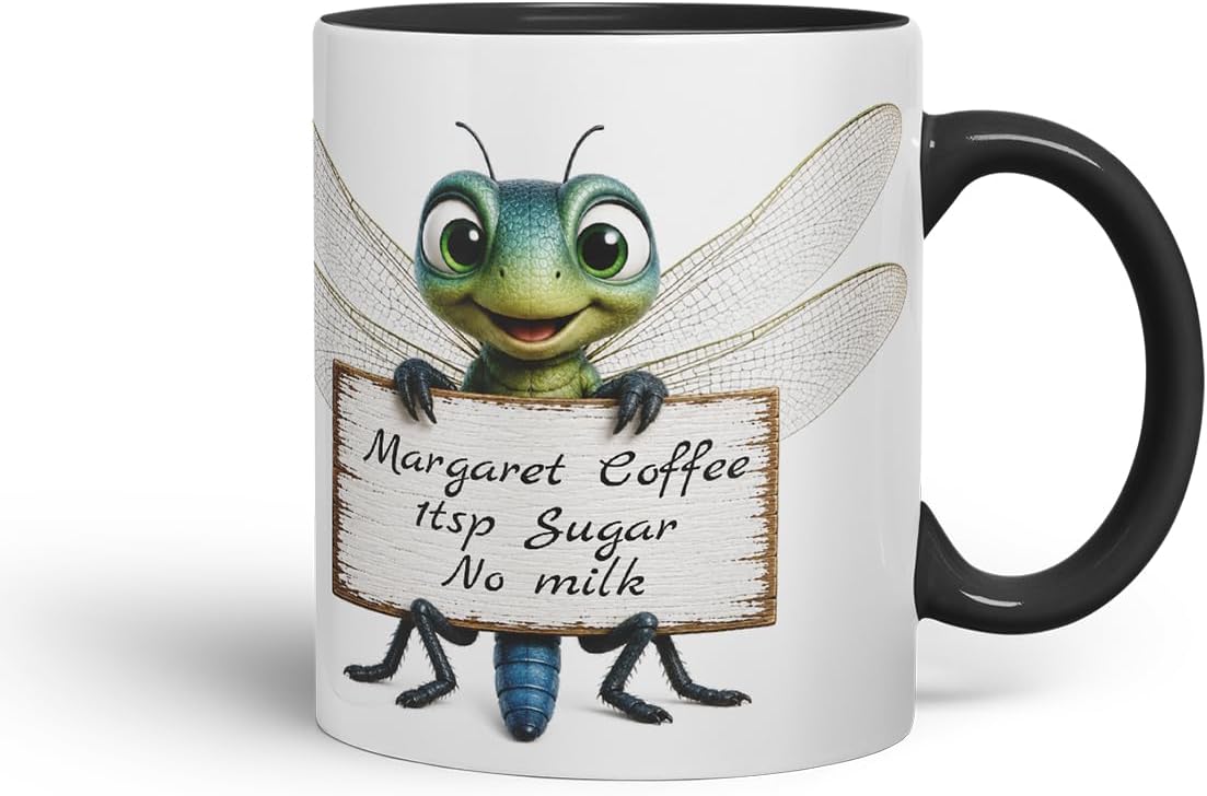 Vixar Personalised Dragonfly Mug with Name or Custom Message – Cute Animal Coloured Ceramic Mug Cup Gift, 11oz (Black)