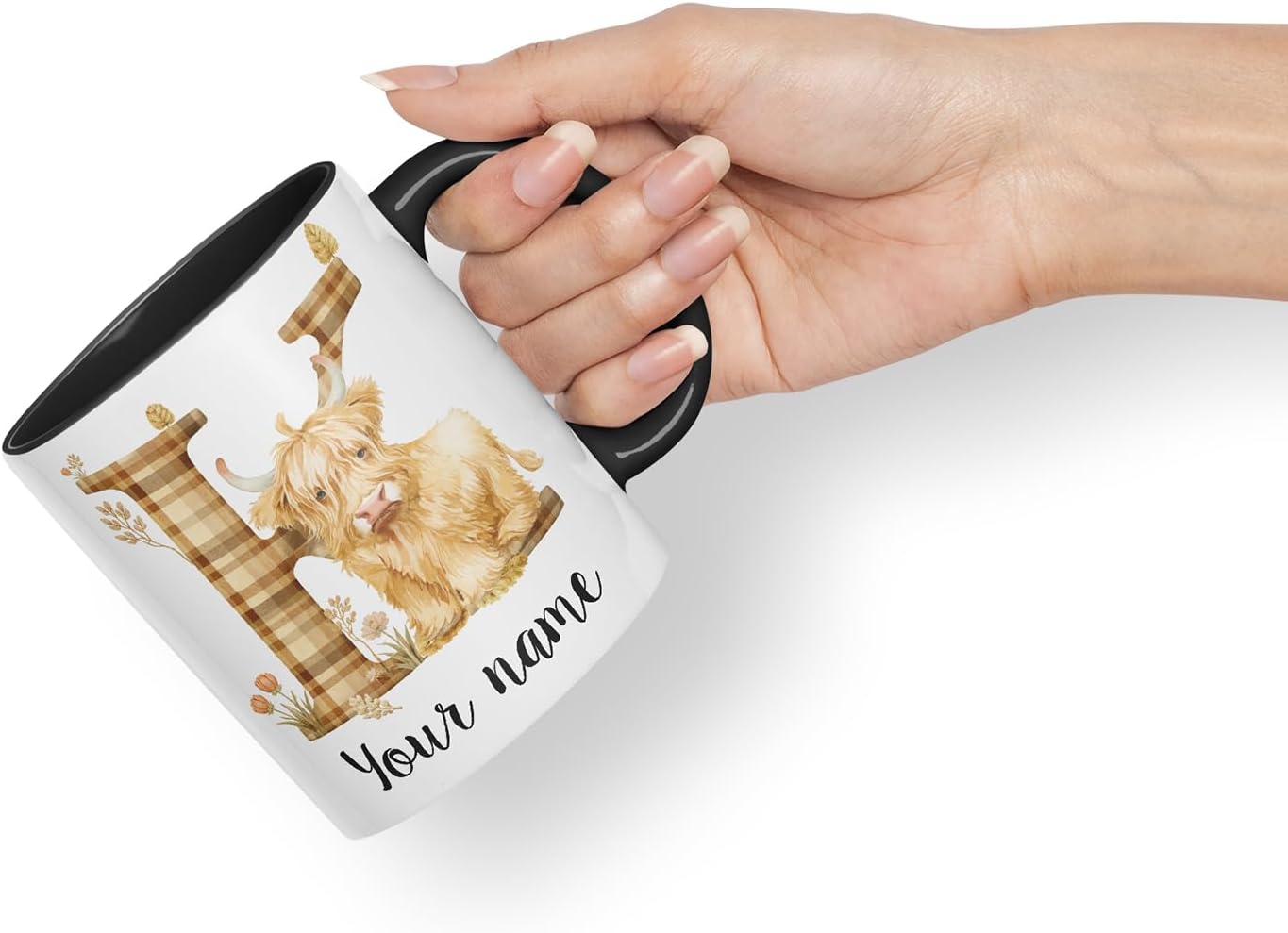 Vixar Personalised Highland Cow Initial Letter K Custom Name Mug – Coloured Ceramic Mug Cup Gift, 11oz (Black)