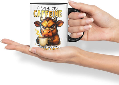 Vixar I Run On Caffeine and Poor Decisions Funny Cow Mug – Coloured Ceramic Mug Cup Gift, 11oz (Black)