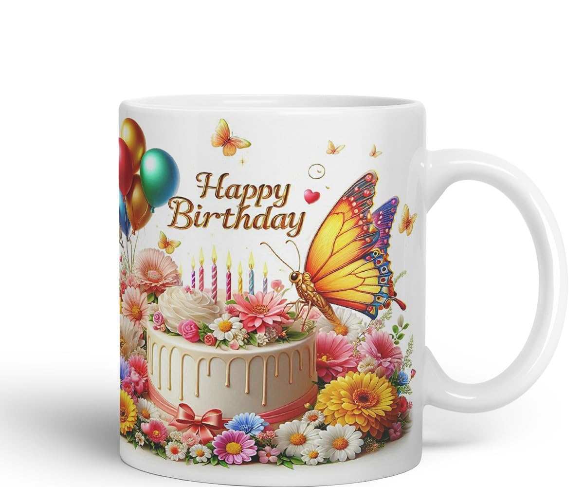 Vixar Happy Birthday Cake and Balloons Coloured Ceramic Mug Cup Gift 11oz V3 (Black)
