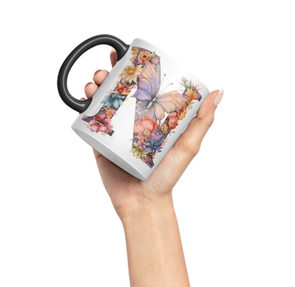 Letter N mug, Floral flowers butterfly Alphabet Letter N Monogram watercolour Ceramic Coloured Mug Cup for Tea Coffee Hot brew 330ml 11Oz Gift