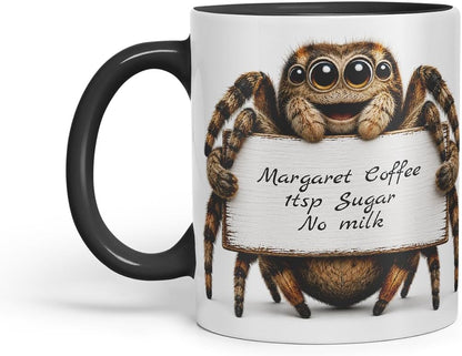 Vixar Personalised Spider Mug with Name or Custom Message – Cute Animal Coloured Ceramic Mug Cup Gift, 11oz (Black)