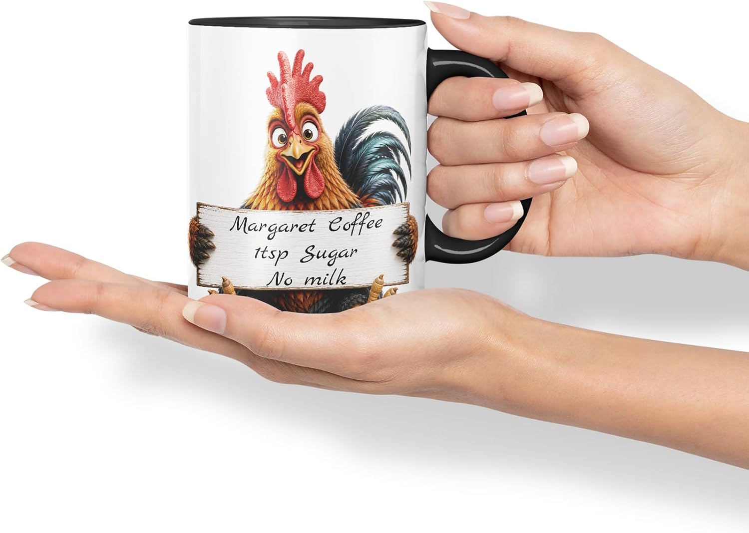 Vixar Personalised Cockerel Mug with Name or Custom Message – Cute Animal Coloured Ceramic Mug Cup Gift, 11oz (Black)