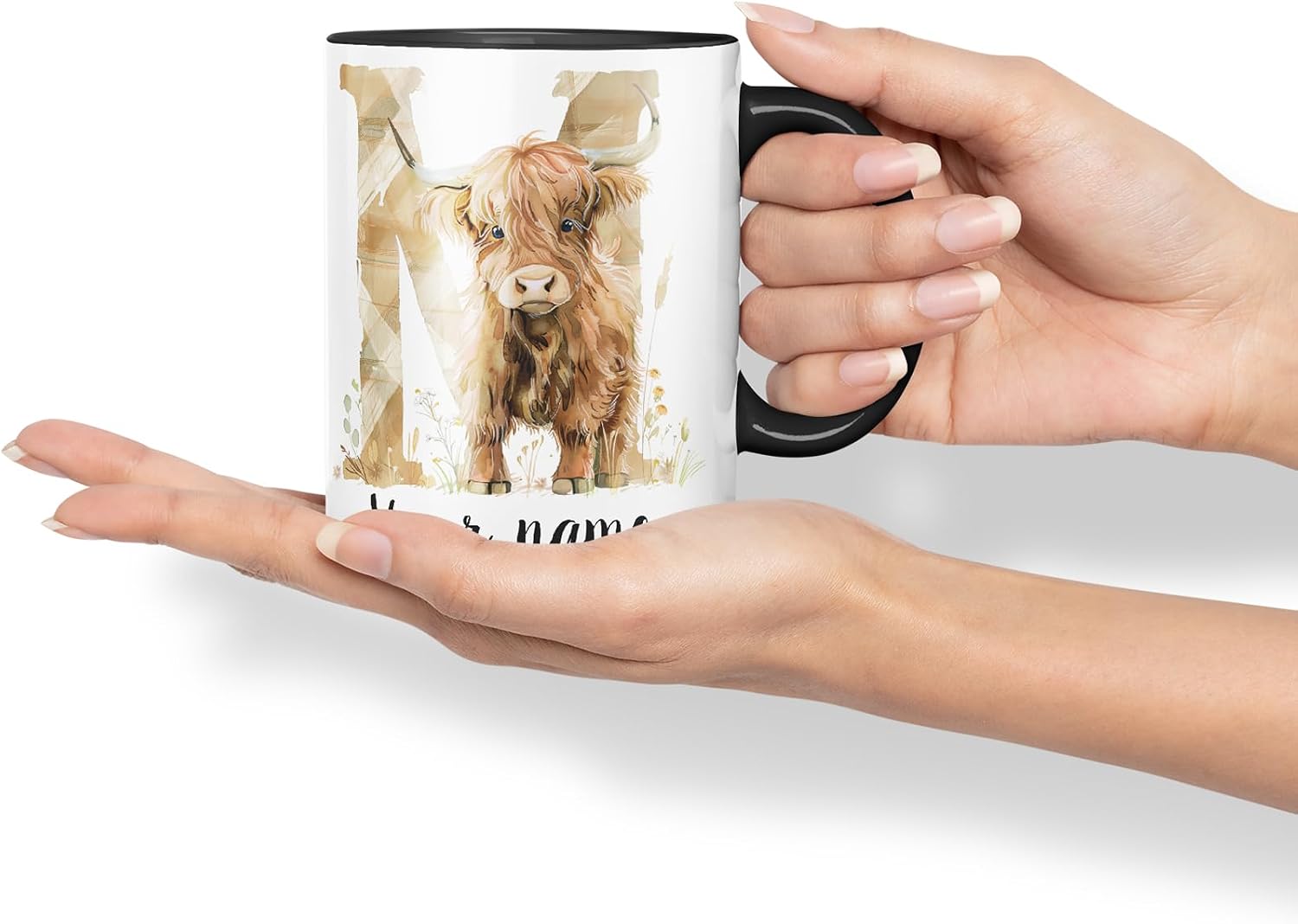 Vixar Personalised Highland Cow Initial Letter M Custom Name Mug – Coloured Ceramic Mug Cup Gift, 11oz (Black)