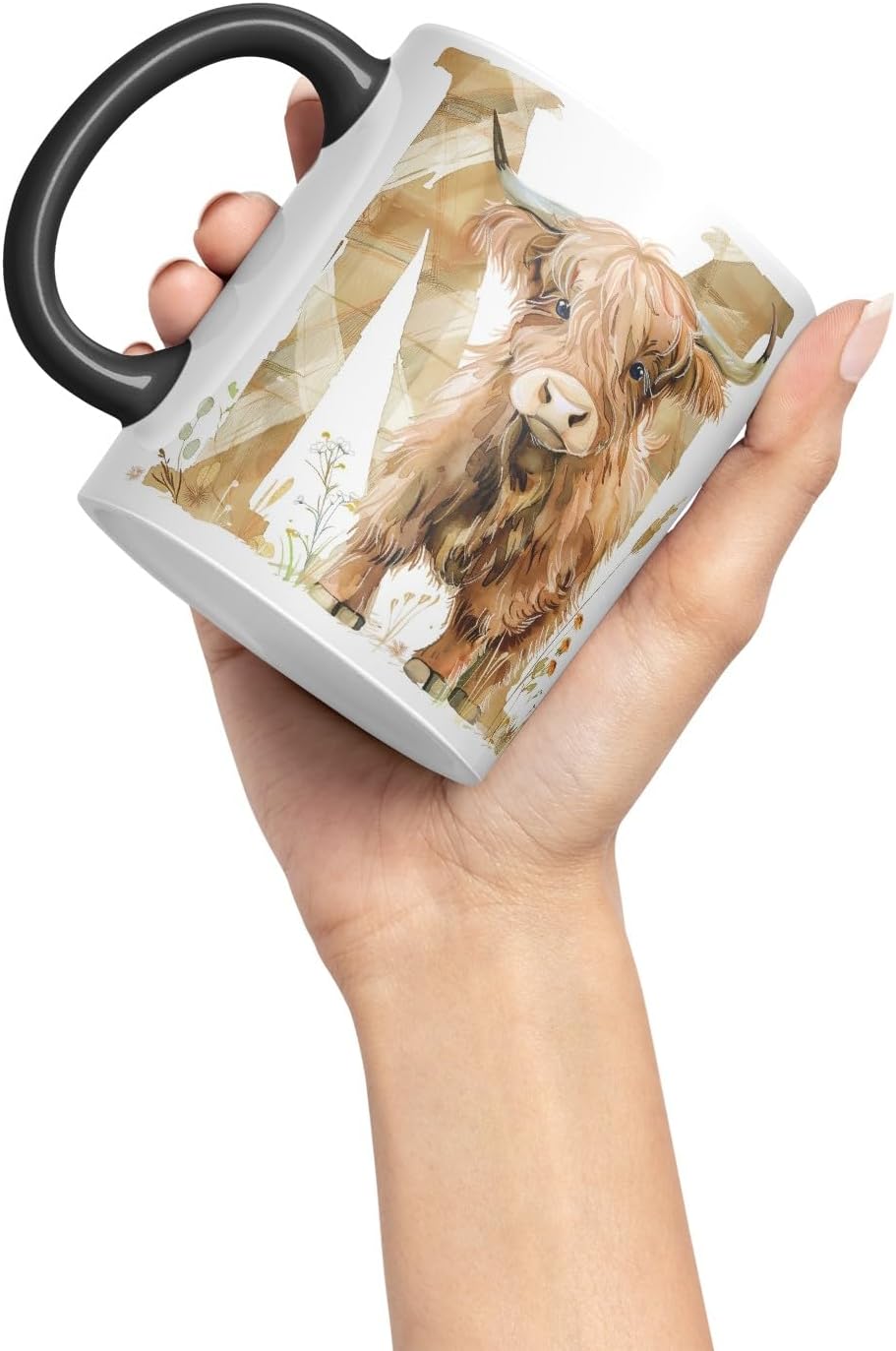 Vixar Highland Cow Alphabet Monogram Coloured Ceramic Cup Mug – Letter N – Rustic Farmhouse Animal Letter Gift – 11oz (Black)