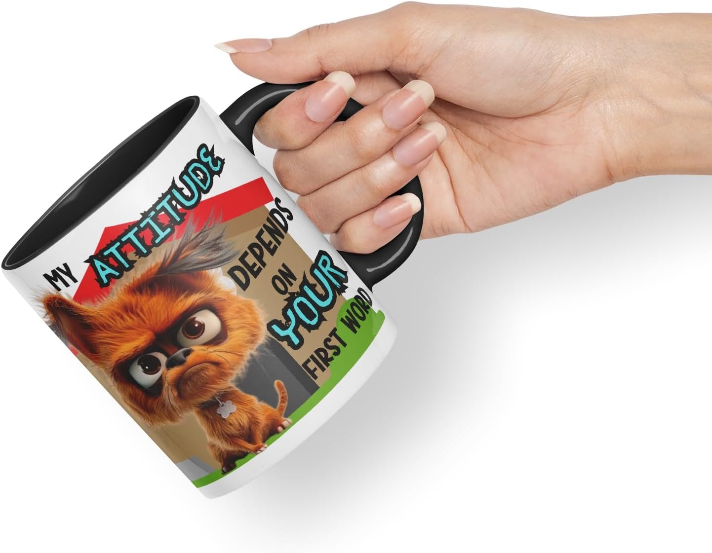 Vixar My Attitude Depends on Your First Word Sarcastic Dog Coloured Ceramic Mug Cup Gift 11oz (Black)