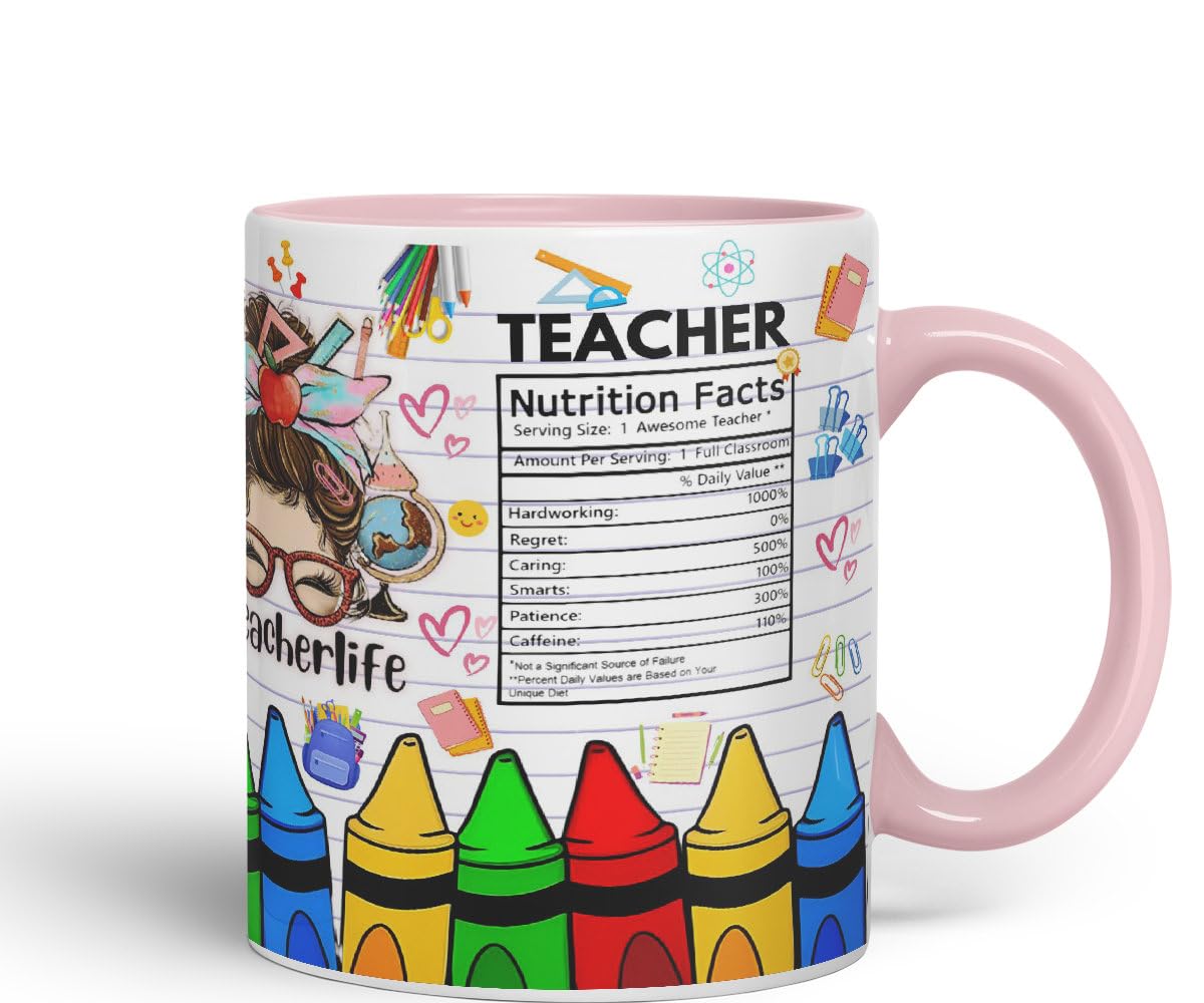 Vixar Teacher Nutrition Facts #teacherlife Mug Thank You, End of School Gift Ceramic Coloured Mug Cup for Tea Coffee Hot Brew 330ml 11Oz Gift TF1