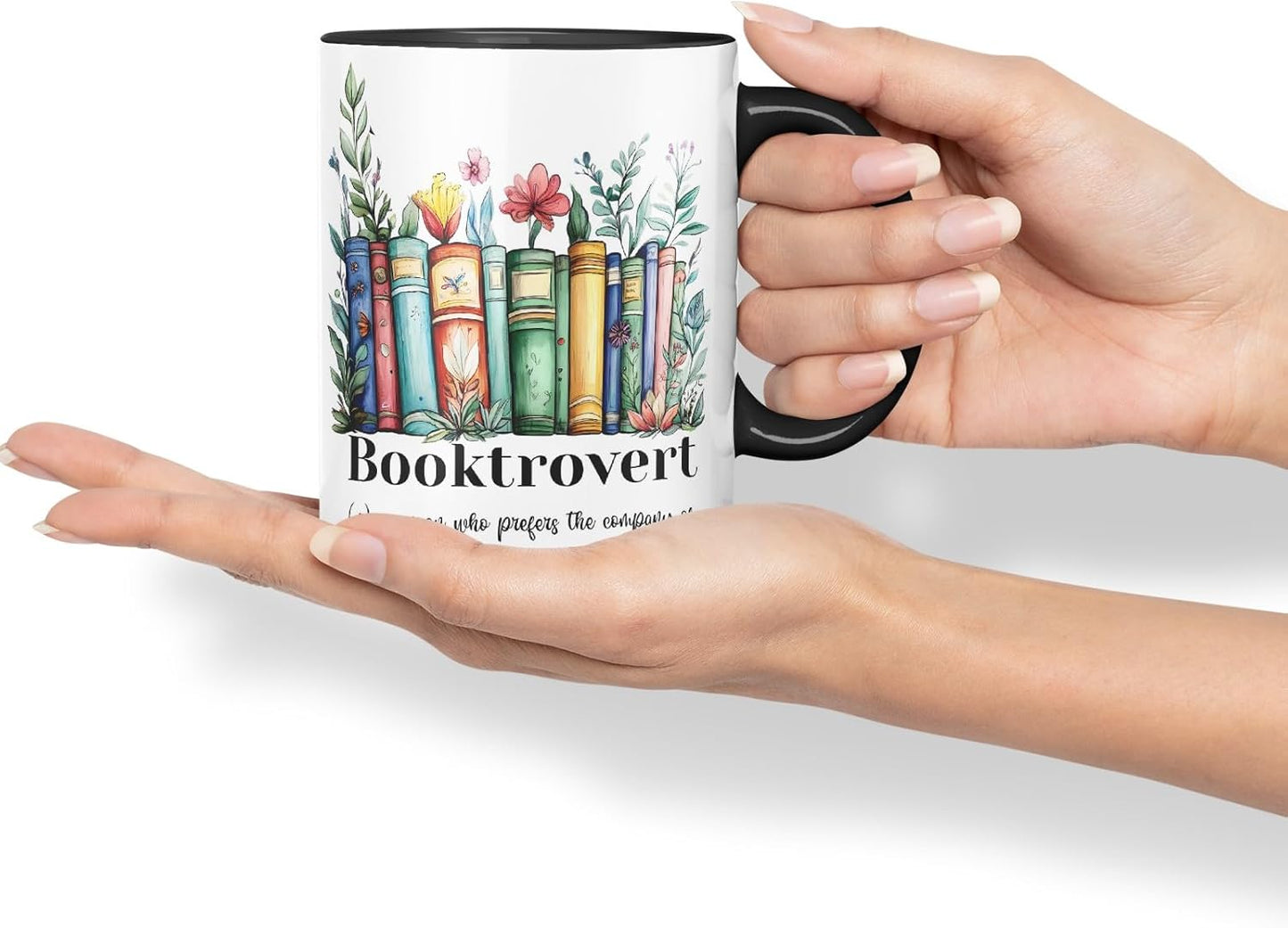 Vixar Booktrovert – a Person who Prefers The Company of Fictional Characters to Real People Coloured Ceramic Mug Cup Gift, 11oz (Black)