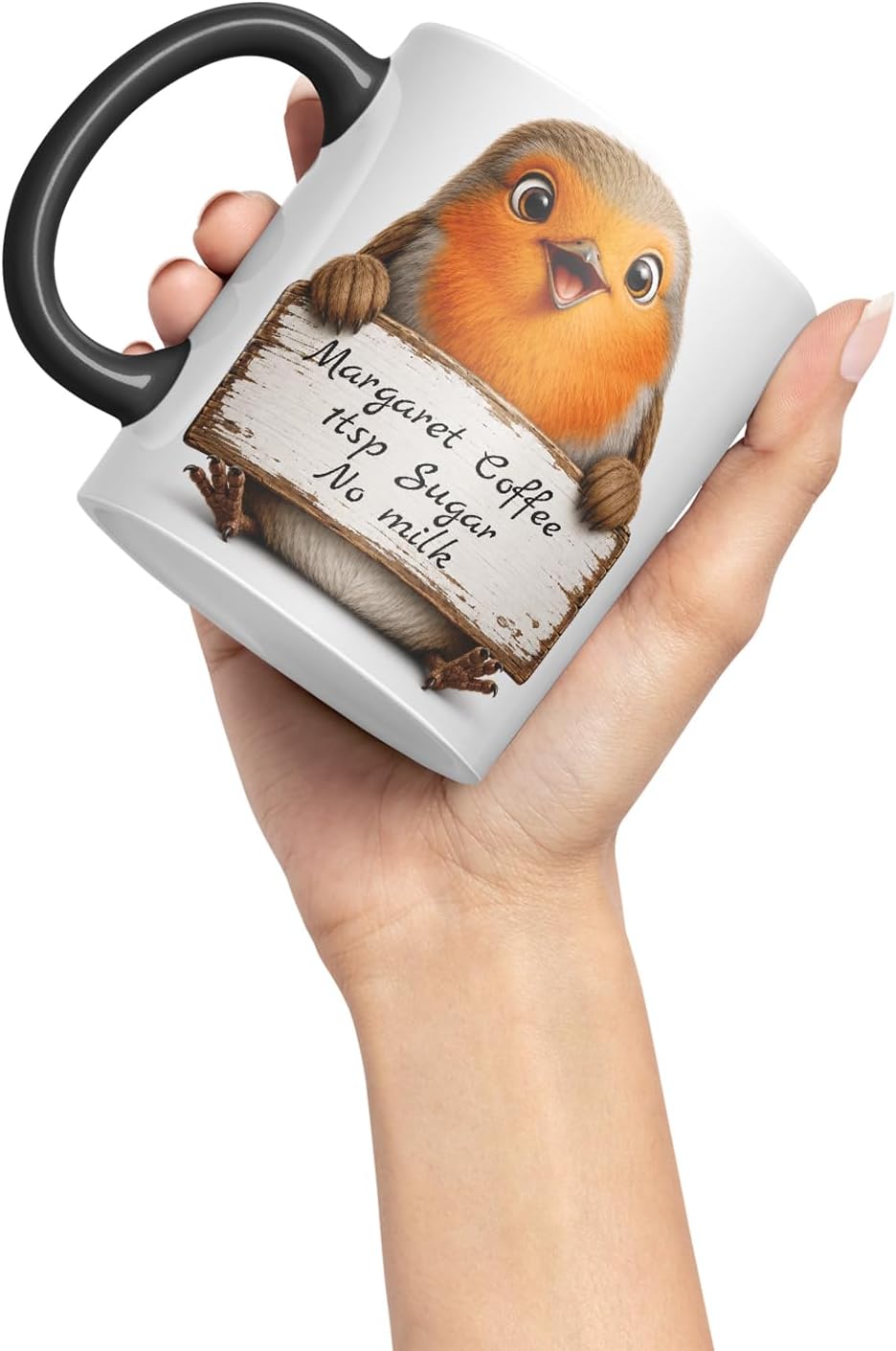 Vixar Personalised Robin Mug with Name or Custom Message – Cute Animal Coloured Ceramic Mug Cup Gift, 11oz (Black)