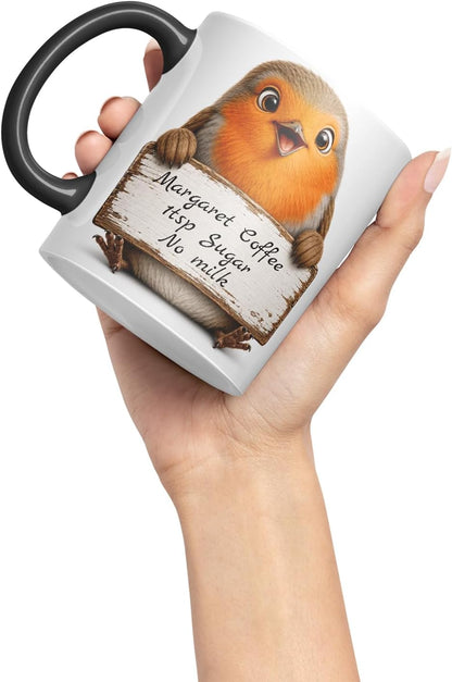 Vixar Personalised Robin Mug with Name or Custom Message – Cute Animal Coloured Ceramic Mug Cup Gift, 11oz (Black)