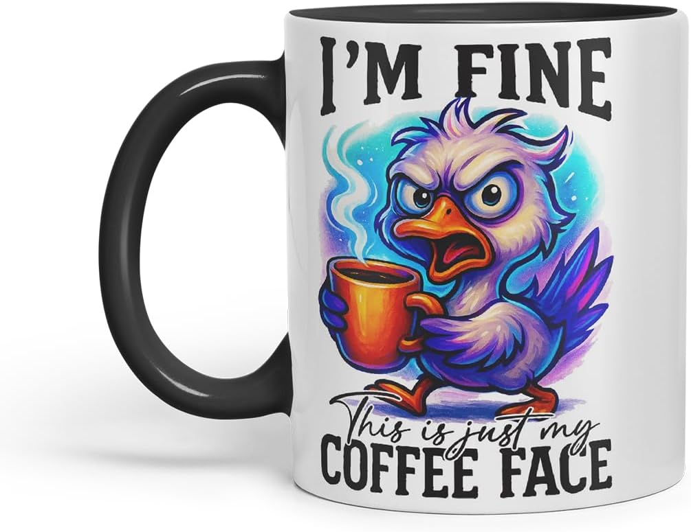 Vixar I'm Fine This is Just My Coffee Face Funny Bird Mug – Coloured Ceramic Mug Cup Gift, 11oz (Black)