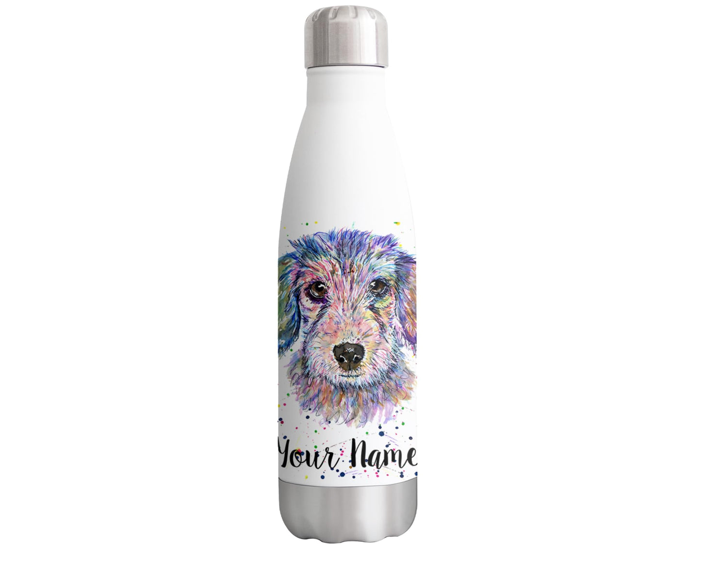 Dachshund Wire Hair Personalised Custom Bottle with Your Text/Name Sausage Dog Wiener pet Watercolour Animals Bottle Double Wall Insulated Stainless Steel Sport Drinks 500ml