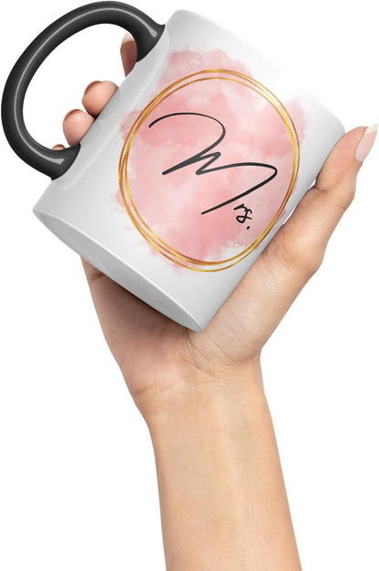 Vixar Mrs Watercolour Wedding Couple Mug – Coloured Ceramic Mug Cup Gift, 11oz (Black)