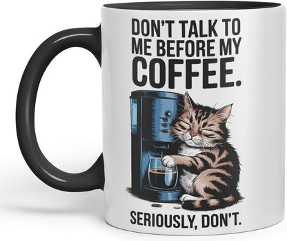 Vixar Don’t Talk to Me Before My Coffee Cat Mug – Coloured Ceramic Mug Cup Gift, 11oz (Black)