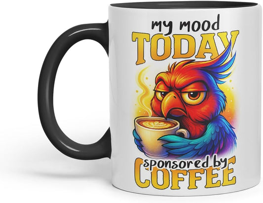 Vixar My Mood Today Sponsored By Coffee Funny Parrot Mug – Coloured Ceramic Mug Cup Gift, 11oz (Black)