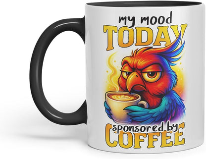 Vixar My Mood Today Sponsored By Coffee Funny Parrot Mug – Coloured Ceramic Mug Cup Gift, 11oz (Black)