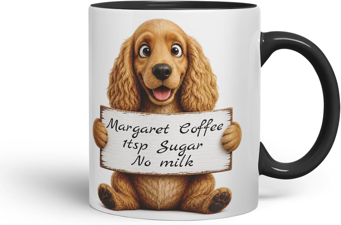 Vixar Personalised Cocker Spaniel Mug with Name or Custom Message – Cute Animal Coloured Ceramic Mug Cup Gift, 11oz (Black)