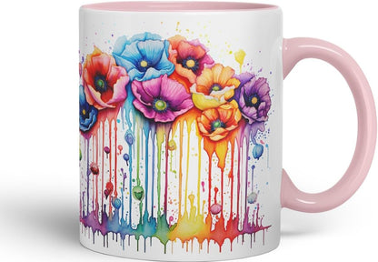 Vixar Poppy Field Art Mug Coloured Ceramic Mug Cup Gift, 11oz (Pink)