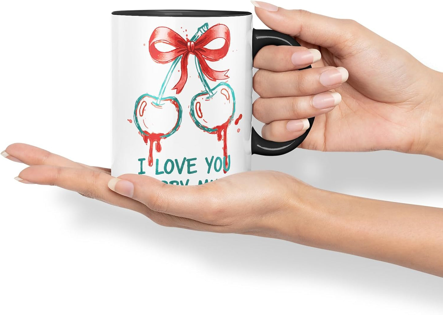 Vixar I Love You Cherry Much Mug – Coloured Ceramic Mug Cup Gift, 11oz (Black)