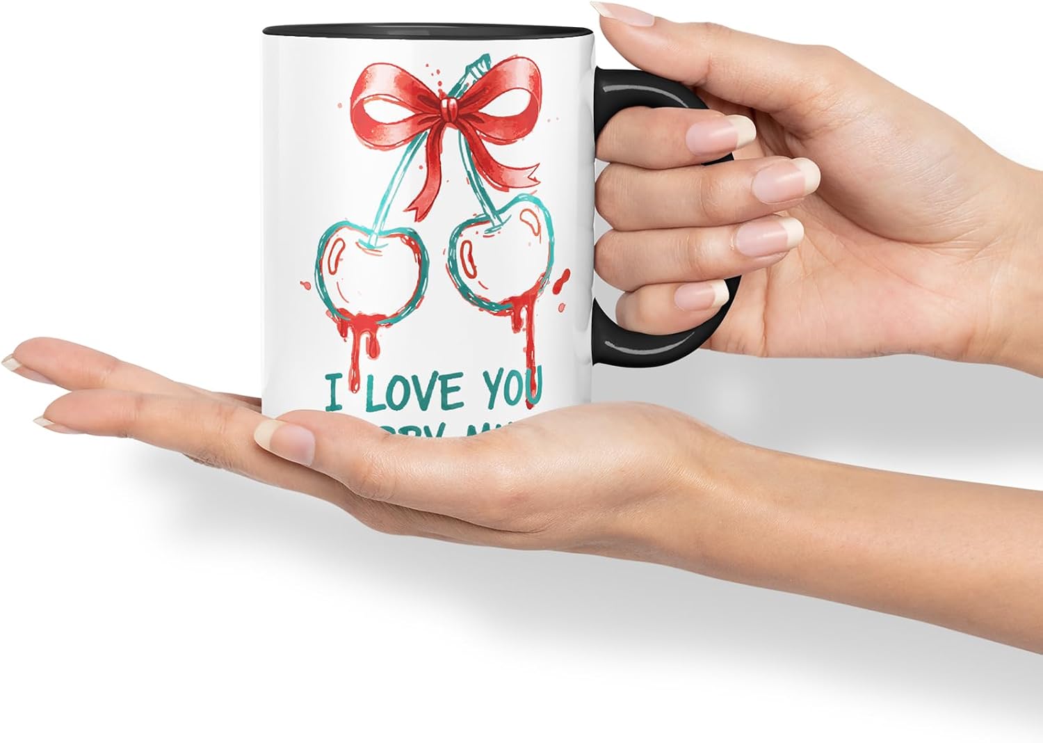 Vixar I Love You Cherry Much Mug – Coloured Ceramic Mug Cup Gift, 11oz (Black)