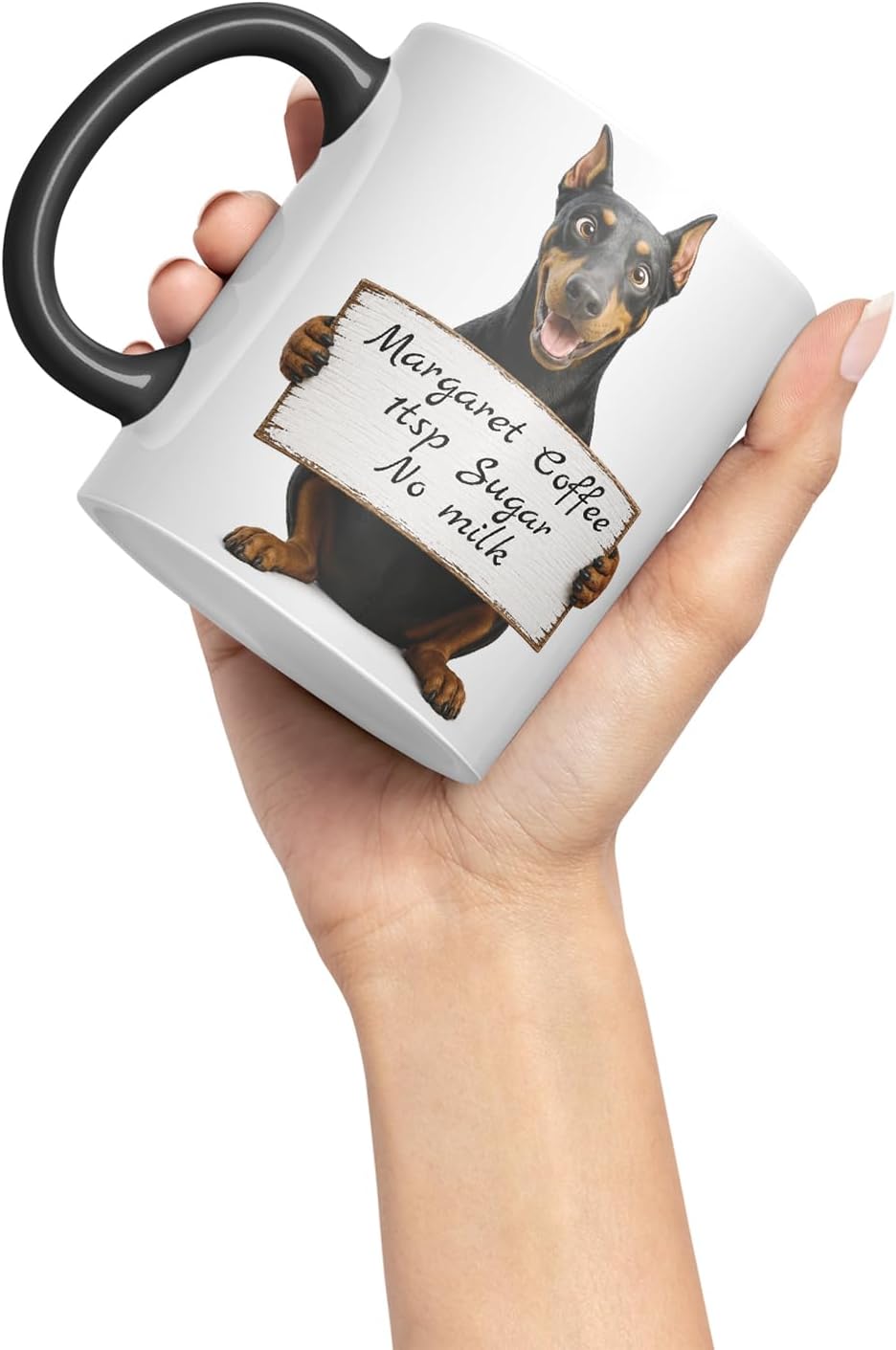 Vixar Personalised Doberman Dog Pet Mug with Name or Custom Message – Cute Animal Coloured Ceramic Mug Cup Gift, 11oz (Black)